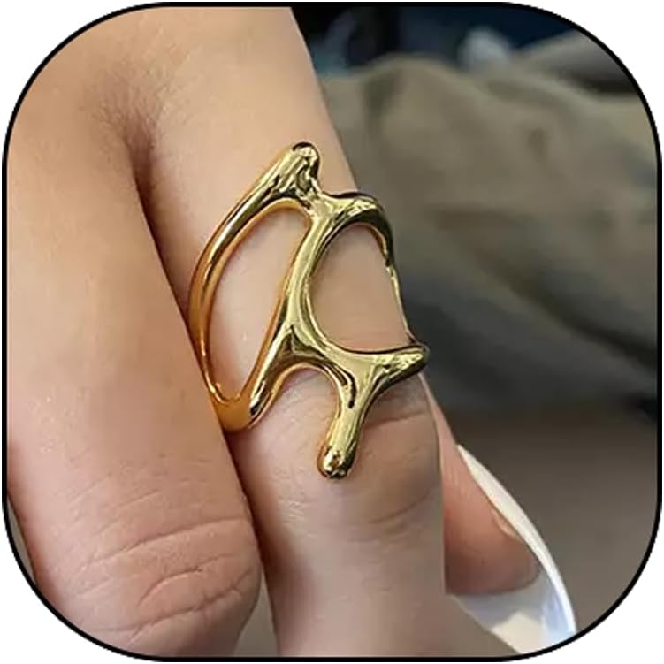 AiTURE Chunky Rings For Women, Gold Silver Thumb Ring Asymmetrical Wavy Curve Ring Adjustable Non Tarnish Dainty Stainless Steel New Year Anniversary Birthday Jewelry Gift - Image 1